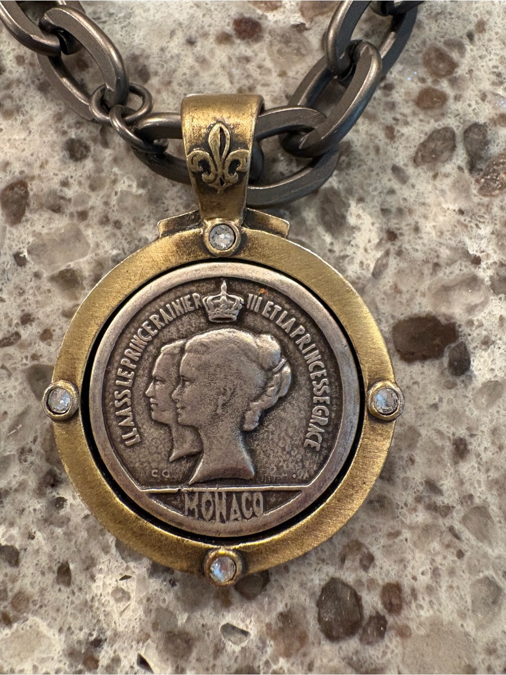 Monaco Coin Pendant Necklace in Antique Gold and Bronze Tones